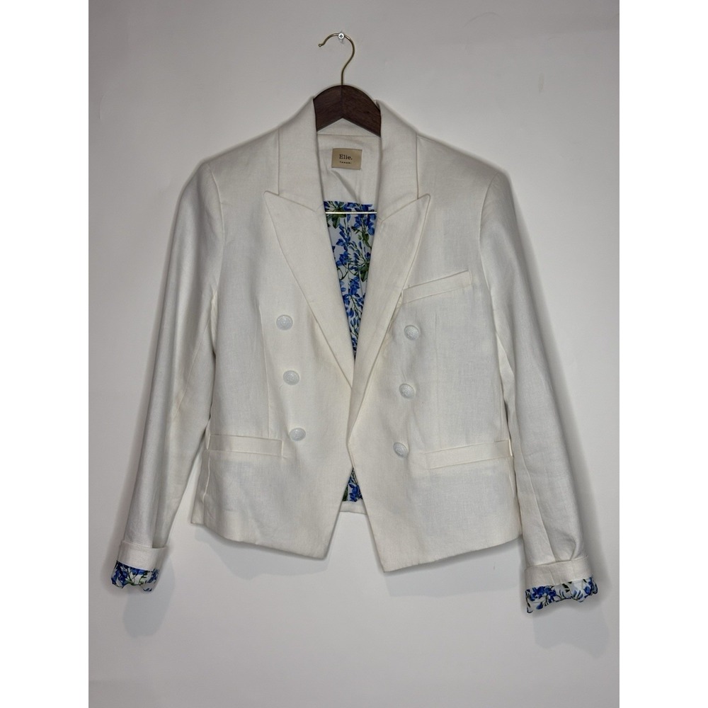 Elie Tahari Open Double Breasted Womens 4 White Linen Floral Lined Blazer Jacket